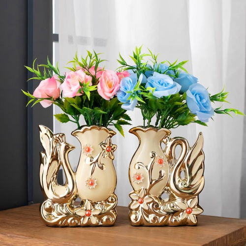陶瓷花瓶插花客廳裝飾品擺設(shè)天鵝擺件電視柜仿真花裝飾新房工藝品